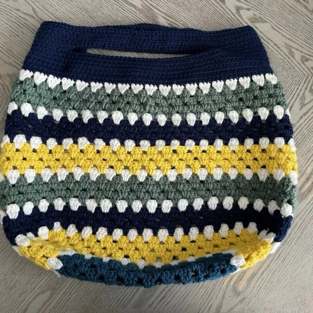 Handmade Crochet Tote Bag Boho Multicolor Lined Shoulder Bag - Picture 5 of 5